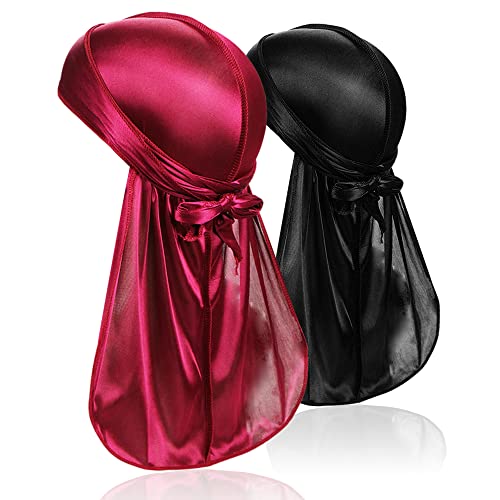 2 Stück Silky Durag für Männer, Premium Satin Do Rags Doo Rags mit langem Schwanz für 360 Waves von TSKNOMO