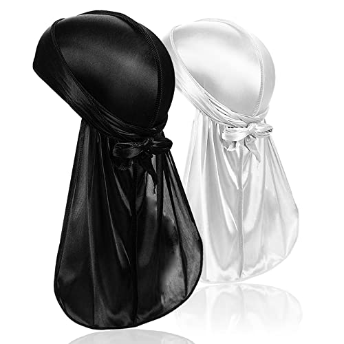 2 Stück Silky Durag für Männer, Premium Satin Do Rags Doo Rags mit langem Schwanz für 360 Waves von TSKNOMO