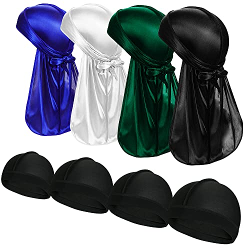 4 Stück Silky Durag Pack Doo Rag mit langem Schwanz und 4 Stück Satin Wave Cap Perfekt für Männer 360 Waves von TSKNOMO