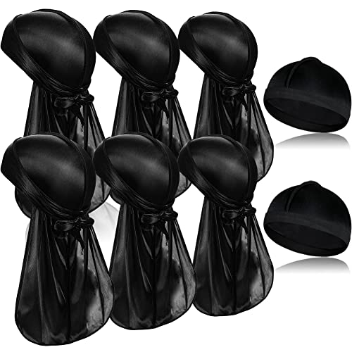 6 Stück schwarze seidige Durags mit langem Schwanz und 2 Stück Satin Wave Cap, Pack Do Lumpen für Männer 360 Waves von TSKNOMO
