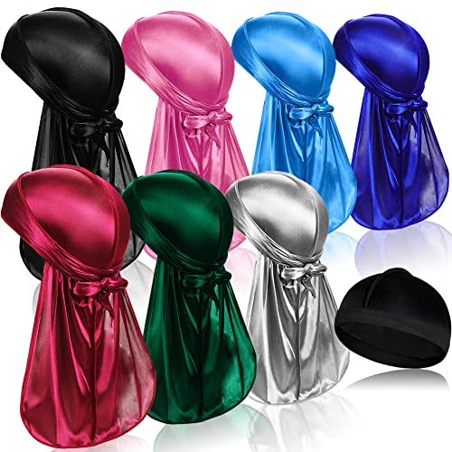 7 Stück Silky Durags mit langem Schwanz und 1 Stück Satin Wave Cap, Pack Do Lumpen für Männer 360 Waves von TSKNOMO