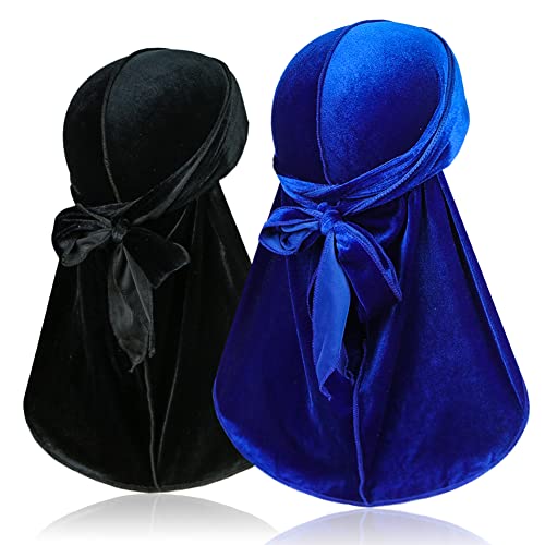 2 Stück Samt Durags für 360 Waves, Silky Do Rag Durag Kopfwickel mit extra langem Schwanz und breiten Trägern für Männer und Frauen von TSKNOMO