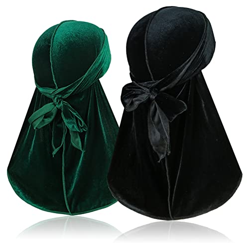 TSKNOMO 2 Stück Samt Durags für 360 Waves, Silky Do Rag Durag Kopfwickel mit extra langem Schwanz und breiten Trägern für Männer und Frauen von TSKNOMO
