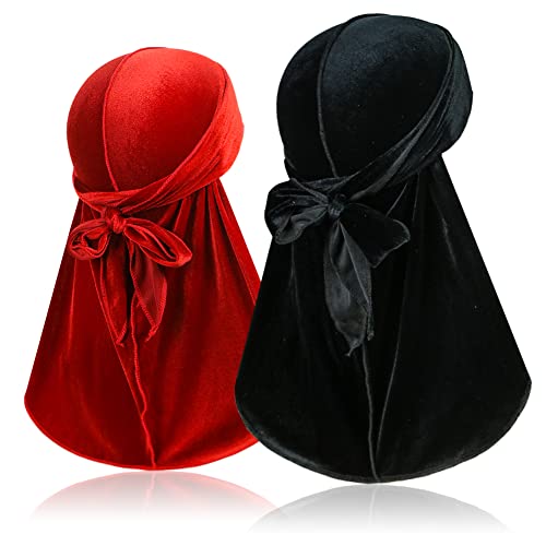 TSKNOMO 2 Stück Samt Durags für 360 Waves, Silky Do Rag Durag Kopfwickel mit extra langem Schwanz und breiten Trägern für Männer und Frauen von TSKNOMO