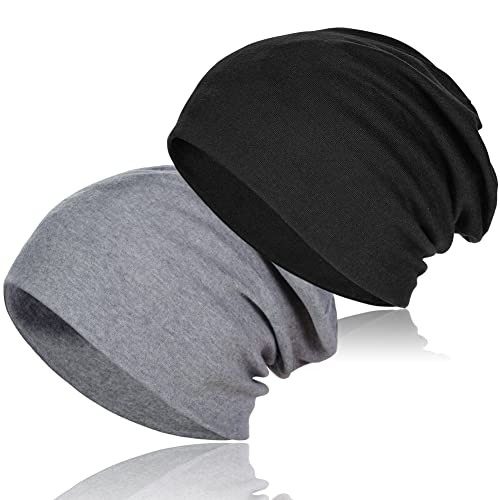 TSKNOMO 2 Stück weiche Baumwoll-Slouchy-Mütze, Dehnbare Beanie-Hüte Baggy Skull Cap Chemo-Hüte für Männer und Frauen von TSKNOMO