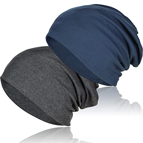 TSKNOMO 2 Stück weiche Baumwoll-Slouchy-Mütze, Dehnbare Beanie-Hüte Baggy Skull Cap Chemo-Hüte für Männer und Frauen von TSKNOMO