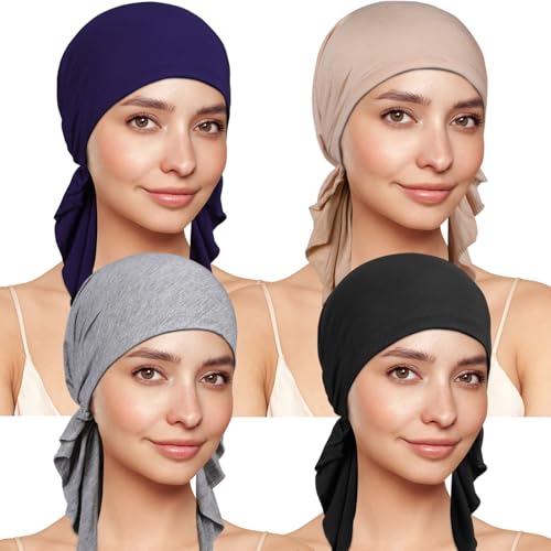 TSKNOMO 4 Stück Chemo Kopfbedeckung für Frauen, Vorgebundenes Kopftuch, Krebs-Kopfbedeckung Gegen Haarausfall von TSKNOMO
