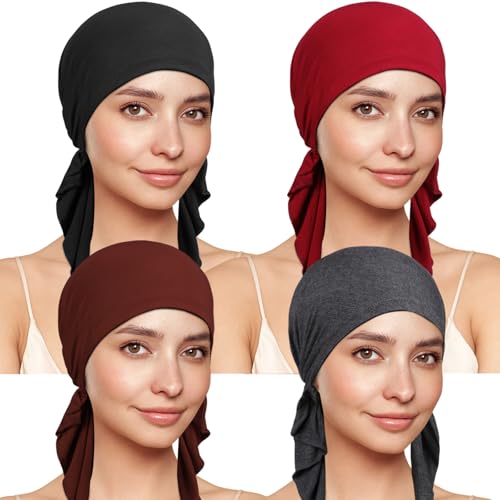 TSKNOMO 4 Stück Chemo Kopfbedeckung für Frauen, Vorgebundenes Kopftuch, Krebs-Kopfbedeckung Gegen Haarausfall von TSKNOMO