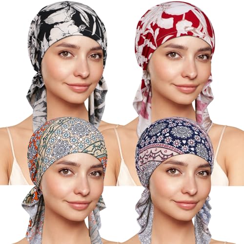 TSKNOMO 4 Stück Chemo Kopfbedeckung für Frauen, Vorgebundenes Kopftuch, Krebs-Kopfbedeckung Gegen Haarausfall von TSKNOMO