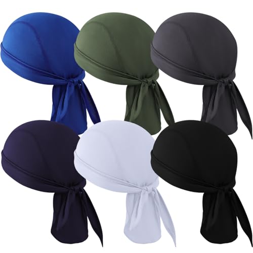 TSKNOMO 6 Stück Do Rag Skull Caps Sport Bandana Mütze, Schweißableitender Kopfwickel Helmfutter Totenkopfkappe Atmungsaktiv Dew Do Rags für Männer von TSKNOMO