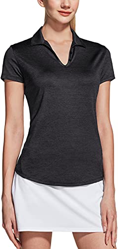 TSLA Damen Kurzarm Poloshirt, stretchiges Casual Performance Golf Shirt mit USF 30+ & Feuchtigkeitstransport, Ftk41 1pack - Heather Black, XS von TSLA