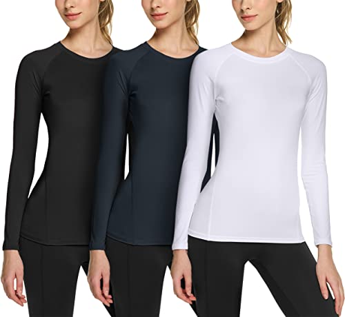 TSLA Damen Sport-Kompressionsshirt im 1 oder 3er Pack, Cool-Dry-Fit, Langarm,athletische Workout-Tops, Yoga-Shirts, Fud31 3pack - Black/Charcoal/White, S von TSLA