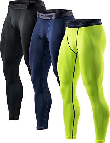 TSLA Herren Dri Fit Kompressionsunterwäsche Aktive Workout Sport-Leggings, Mup91 3pack - Black/Navy/Neon Yellow, L von TSLA