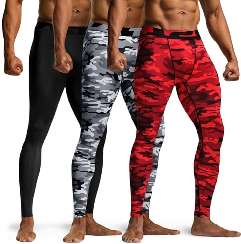 TSLA Herren Dri Fit Kompressionsunterwäsche Aktive Workout Sport-Leggings, Mup96 3pack - Camo Black/Camo Grey/Camo Red, M von TSLA