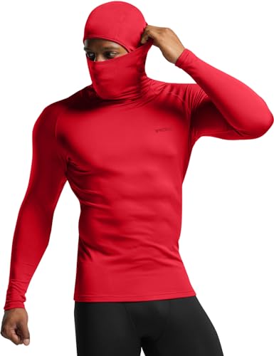 TSLA Herren Langarm Workout Shirt mit Hoodie und Maske, USF 50+, Cool-Dry-Fit Sport-Kompressionsshirt, Muh02 1pack - Red, S von TSLA