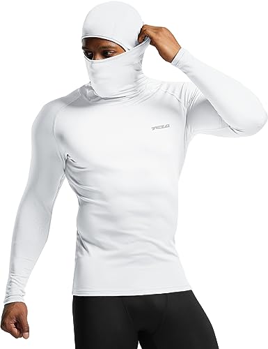 TSLA Herren Langarm Workout Shirt mit Hoodie und Maske, USF 50+, Cool-Dry-Fit Sport-Kompressionsshirt, Muh02 1pack - White, XL von TSLA