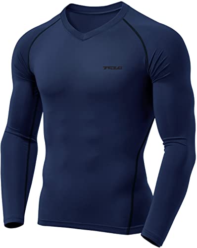 TSLA Herren Taktische V-Ausschnitt, Langarm Kompressionsshirts, Cool-Dry, athletisches Workout-Shirt, auch geeignet als aktive Base-Layer, Muv01 1pack - Navy, L von TSLA