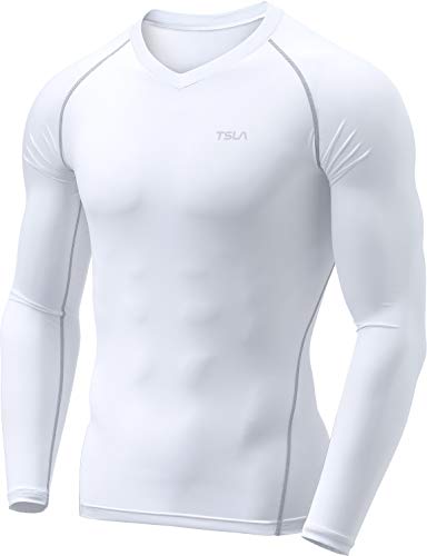 TSLA Herren Taktische V-Ausschnitt, Langarm Kompressionsshirts, Cool-Dry, athletisches Workout-Shirt, auch geeignet als aktive Base-Layer, Muv01 1pack - White, L von TSLA