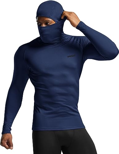 TSLA Herren Thermo-Kompressions-Shirts Hoodie mit Gesichtsmaske, Langarm Wintersport Baselayer-Top, Aktiv-Laufshirt, Yuh58 1pack - Navy, 3XL von TSLA