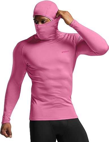 TSLA Herren Thermo-Kompressions-Shirts Hoodie mit Gesichtsmaske, Langarm Wintersport Baselayer-Top, Aktiv-Laufshirt, Yuh58 1pack - Pink, S von TSLA