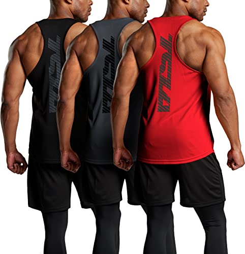 TSLA Herren Y-Back Tank Tops im 3er-Pack, Dry-Fit, athletisches, ärmelloses Bodybuilding Gym-Tank-Top Shirt, Mtn30 3pack - Black/Charcoal/Red, S von TSLA