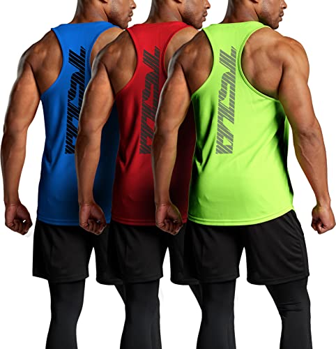 TSLA Herren Y-Back Tank Tops im 3er-Pack, Dry-Fit, athletisches, ärmelloses Bodybuilding Gym-Tank-Top Shirt, Mtn30 3pack - Neon Yellow/Red/Blue, XXL von TSLA