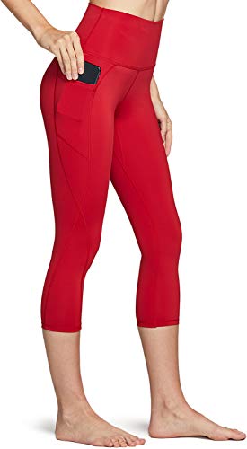 TSLA Yoga Leggings mit Bauch-Kontrolle und hoher Taille für Workout Capri-Pants mit Taschen für Damen, Fac34 1pack - Red, XS von TSLA