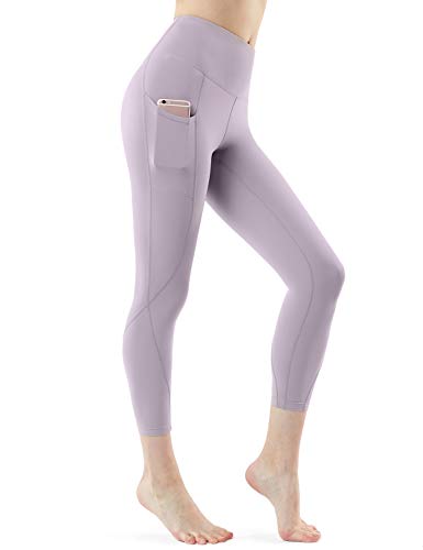 TSLA Yoga Leggings mit Bauch-Kontrolle und hoher Taille für Workout Capri-Pants mit Taschen für Damen, Fyc64 1pack - Beige, M von TSLA