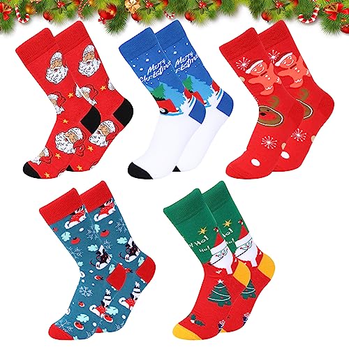 5 Paare Weihnachten Neuheit Socken Santa Claus Schneemann Elch Lebkuchenmann Weihnachts Socken Set Unisex Cartoon Weihnachten Midi Baumwolle Socken für Erwachsene Kinder Neuheit Weihnachts geschenk(A) von TSLBW