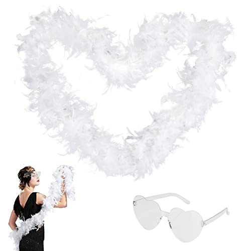 Federboa 2 Meter 80 Gramm Flauschige Federboa Turkey Feather Boas Dekorieren Federschal Boa Kostümzubehö mit klarer Liebe Sonnenbrille Federn Boa Hochzeit Party Karneval Kostüm Dekor (White glasses) von TSLBW