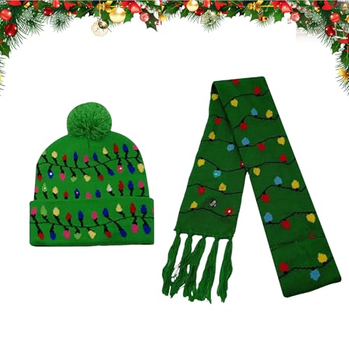 TSLBW 2 Stück Weihnachts LED Mützen Schal Set Weihnachten Beanie Strickmütze Licht Schal Weihnachts mütze und schal mit Licht Unisex LED Weihnachtshut schal für Kinder Winter Xmas Geschenke (Grün) von TSLBW
