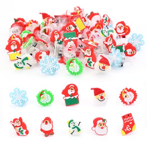 TSLBW 50 Stück Weihnachtsringe Blinkende Fingerringe Leuchtende Gummiringe für Kinder Weihnachtsfeier Weihnachtsgeschenke Weihnachtsbaummuster LED-Blinkringe Weihnachtsstrumpf (B) von TSLBW