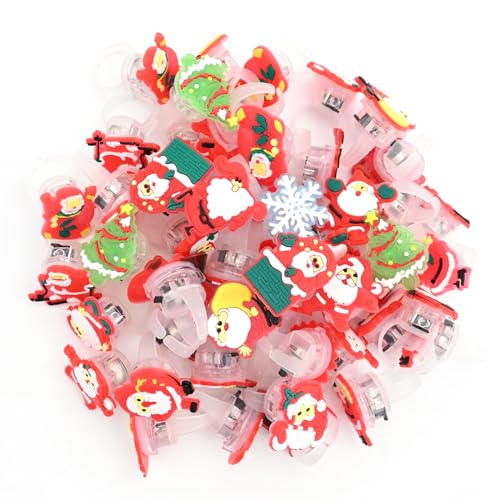 TSLBW 50 Stück Weihnachtsringe Blinkende Fingerringe Leuchtende Gummiringe für Kinder Weihnachtsfeier Weihnachtsgeschenke Weihnachtsbaummuster LED-Blinkringe Weihnachtsstrumpf von TSLBW