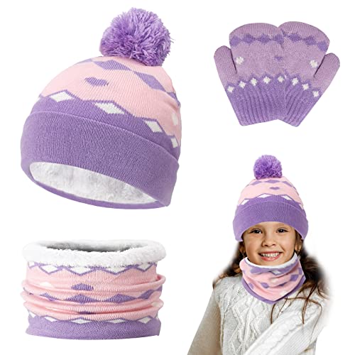 TSLBW Kinder Wintermütze Schal Handschuhe Mädchen Set, Winter Strickmütze Beanie Hut Runder Schal Baby Mütze für Kinder Outdoor Sport Winter Accessoires 2-6 Jahre (Violett) von TSLBW