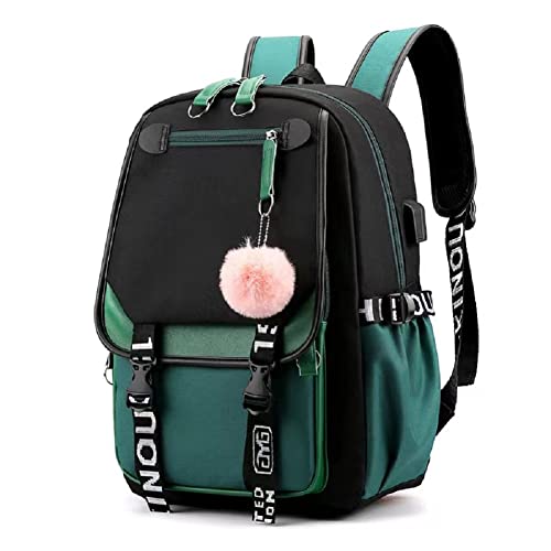 TSLBW Schulrucksack Mädchen Schulranzen, 20-35L Schulrucksack Schultaschen Mädchen, Teenager Schul Rucksack Damen Schulranzen Nylon Wasserdicht Daypack Damen Freizeitrucksack (Schwarz Grün) von TSLBW