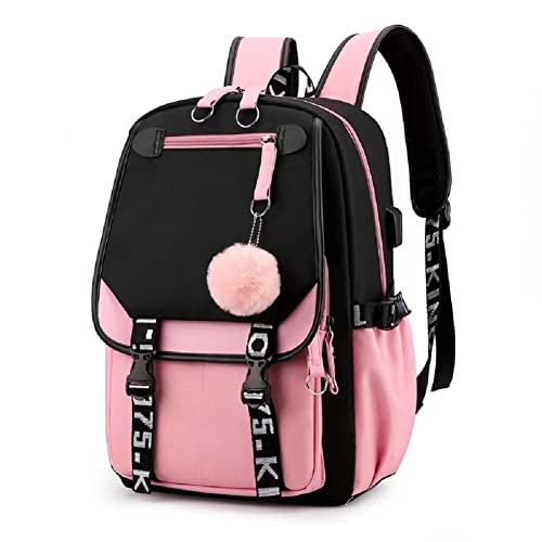 TSLBW Schulrucksack Mädchen Schulranzen, 20-35L Schulrucksack Schultaschen Mädchen, Teenager Schul Rucksack Damen Schulranzen Nylon Wasserdicht Daypack Damen Freizeitrucksack (Schwarzrosa) von TSLBW