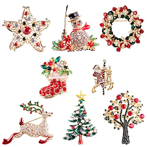 Weihnachten Brosche Pin 8 Stück Weihnachtsbrosche Schmuck Brust Pin Schneemann Weihnachtsbaum Weihnachtsstrumpf Elch Santa Brosche Pins Weihnachtsschmuck Geschenk für Frauen von TSLBW
