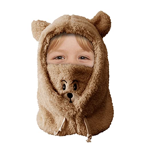 Wintermütze Balaclava Mädchen Fleece Balaclava 3 in 1 Hut Maske Schal Set Mädchen Winddicht Plüsch Balaclava Bär Kinder Balaclava Plüsch Beanie Hut für Outdoor Skifahren Wandern Geschenk (Brown) von TSLBW