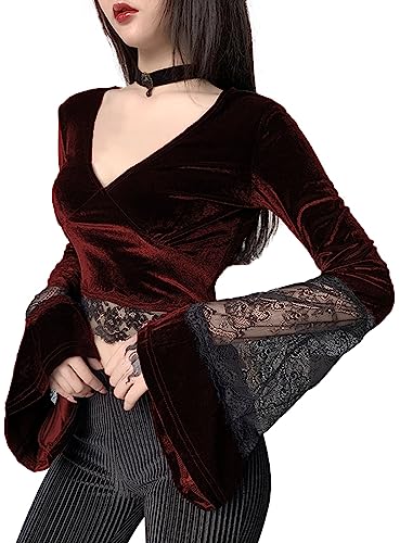 Damen Gothic Spitze Flare Ärmel Spleißen V-Ausschnitt Samt Tops Hollow Out Schwarz T-Shirt, Oberteil Crop Red, XX-Large von TSMNZMU