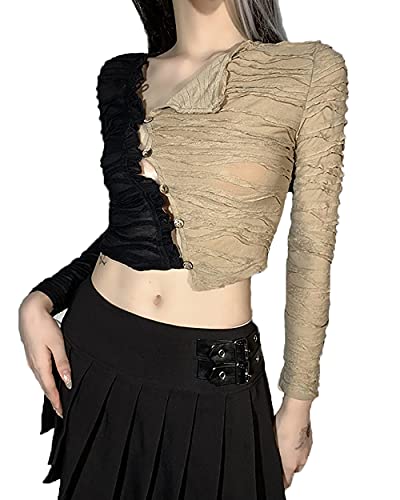 Damen Gothic Spitze Flare Ärmel Spleißen V-Ausschnitt Samt Tops Hollow Out Schwarz T-Shirt, P##, Mittel von TSMNZMU