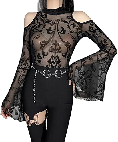 Damen Gothic Spitze Flare Sleeve Spleißen V-Ausschnitt Velet Tops Hollow Out Schwarz T-Shirt, Z-Strampler-Oberteile, Groß von TSMNZMU