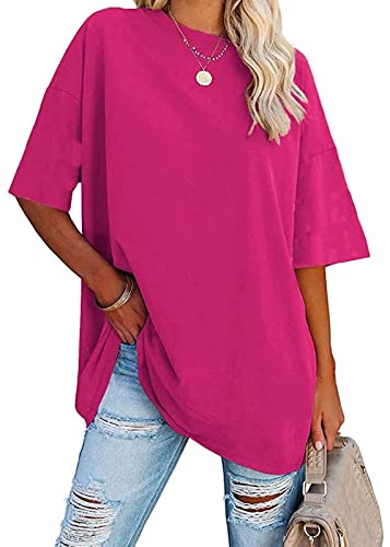 Damen Oversized T Shirts Tees Langarm O Ausschnitt Bequem Gemütlich Baumwolle Tunika Tops, Zy-Crewneck Pink, XX-Large von TSMNZMU