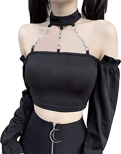 Dunkle Punk Crop Top mit Ketten Frauen Punk Schulterfrei aushöhlen Solide Backless Tops, 001-black, X-Groß von TSMNZMU