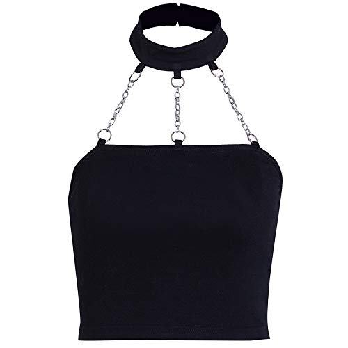 Dunkle Punk Crop Top mit Ketten Frauen Punk Schulterfrei aushöhlen Solide Backless Tops, Crop Tops, Mittel von TSMNZMU