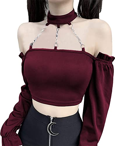 Dunkle Punk Crop Top mit Ketten Frauen Punk Schulterfrei aushöhlen Solide Backless Tops, Weinrot mit langen Ärmeln, X-Groß von TSMNZMU