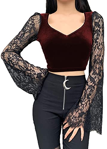 Frauen Gothic Spitze Flare Ärmel Spleißen V-Ausschnitt Velet Tops aushöhlen schwarzes T-Shirt, Rot Gothic, Groß von TSMNZMU