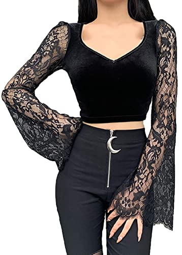 TSMNZMU Damen Gothic Samt Crop Tops Spitze Flare Langarm Shirt Punk V-Ausschnitt Hohl T-Shirt Grunge Emo Alt Kleidung, Schwarze Gothic, XX-Large von TSMNZMU