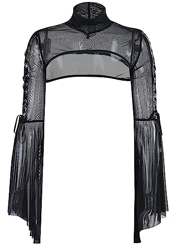 Crop-Top für Damen, Gothic, Punk, ausgestellte Ärmel, Rave, Party, Cosplay, Outfit, durchsichtiges Netzgewebe, Stehkragen, O-Ring, Schnür-Top, Z-hoher Kragen mit Ösen, Klein von TSMNZMU