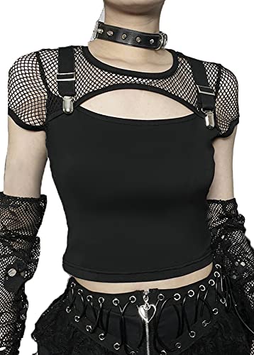 Schwarzes Gothic-Sommer-T-Shirt, kurze Ärmel, Neckholder-T-Shirts für Mädchen und Frauen, Netzstoff-Patchwork-Tops, Mittel von TSMNZMU