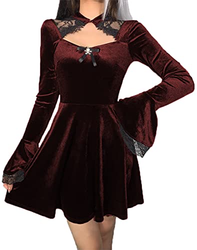 Spitze Mini Ärmellos Kleid Schwarz Spitze Drapiert Bodycon Gothic Sommerkleid Gothic Vintage Goth Kleider, Langarm Rot, Groß von TSMNZMU